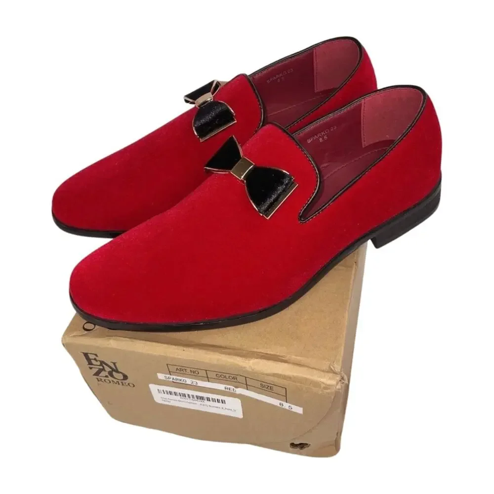 Enzo Romeo Fashion Formal Tuxedo Slip On Loafer Velvet Red Dress Shoes Size 8.5